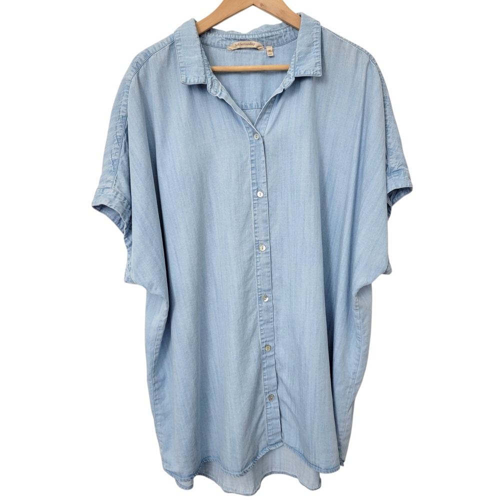 Soft Surroundings Top Womens 3X Blue Chambray Je Veux Tencel Shirt Button Up - Picture 2 of 10